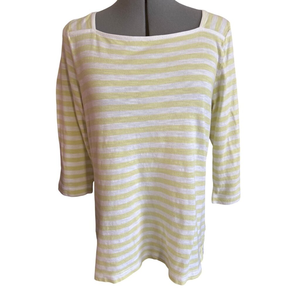 Zenergy By Chicos Sz 2 Yellow White Striped 3/4 Sleeve Top Activewear Everyday